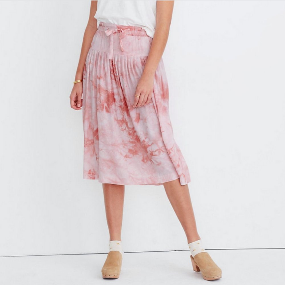 MADEWELL TIE-FRONT PAPERBAG MIDI SKIRT IN TIE-DYE PINK